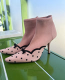 KYLETHOMASW  -  Elegant Pink Knit Sock Ankle Boots Black Polka Dot Print Mini Bow Decor Thin Stiletto Heel Boots Retro Sweet Style Fashion Shoes