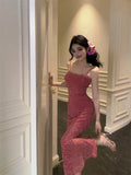KYLETHOMASW  -  Rose Red Hollow Lace Suspender Dress for Women in Summer Sexy Waist-hugging Skirt