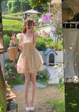 KYLETHOMASW  -  Women Summer Floral Print Ruffle Bow Sweet Sexy Fairy Mini Dress High Waist Sleeveless Slim Square Collar A Line Dresses Vestido