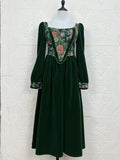 Kylethomasw Vintage France Green Velvet Floral Dress for Women Chic Auricular A-line Party Prom Robe Winter Spring Harajuku Clothes