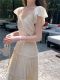 KYLETHOMASW  -  Summer Solid Fairy Dress for Women Y2K Slim V Neck A-Line Long Cake Dress Birthday Evening Party Holiday Chic Vestidos Fashion