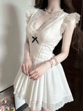 KYLETHOMASW  -  French First Love Dress Women Summer White Lace Short Dress Puff Sleeve Hollow-Out Floral Embroidery A-Line Flared Skirt Y2K