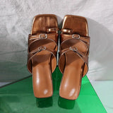 Kylethomasw Antique Brown Patent Leather Double Buckle Strap Slides Designer Square Open Toe Low Block Heel Sandals Flip Flops Women Shoes