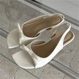 KYLETHOMASW  -  Women White Bowknot Slingback Sandals Summer Square Open Toe Low Heel PU Leather Elegant Casual Office Ladies Shoes