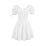 KYLETHOMASW  -  Women Lace Spliced Party Mini Vintage Dresses Puff Sleeve V Neck Low Waist A-line Summer Dress Lace Up Birthday Robe