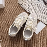 KYLETHOMASW  -  Women Sneakers Spring Summer New Leather Sweet Fashion Casual Flats Women Lace-up German Training Shoes Women Silver 321
