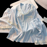 KYLETHOMASW  -  Korean Solid Casual Simple Plus Size Women's Pajamas Set Sweet Lapel Neck Short Fashion Pajamas Summer New Sleepwear Woman