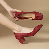 KYLETHOMASW  -  Women Oxford Shoes Vintage Pumps Mid Heels Square Toe Pumps Slip on Sewing High Heels Boat Shoes Elegant Dress Shoes