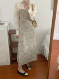 KYLETHOMASW  -  Korean Chic French Fake Two Piece Contrast Color Long Sleeve Slim Waist Lace-up Dresses