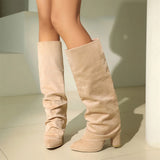 KYLETHOMASW  -  Women's Fold Over Pleated Stack Boots Pointed Toe Chunky High Heel Knee High Boots Plus Size 48 Available Party Club Daily Shoes