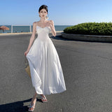 Kylethomasw French Women White Elegant Lace High Waist Slim Slip Dress Summer New V Neck Spaghetti Strap Backless Party A-line Pleated Dress