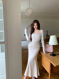 KYLETHOMASW  -  French Vintage Women Beige Elegant Square Neck Fishtail Evening Party Dresses Autumn Long Sleeve Vacation Pleated Wrap Hip Dress