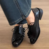 KYLETHOMASW  -  Black Soft Leather Lace-up Loafers Women Fashion Pleated Design Brand Low Heel Pumps Cozy Commuter Office Shoes Zapatos De Mujer