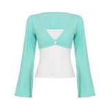 KYLETHOMASW  -  Autumn Korean Color Blocked V-neck Fake Two Piece Shirt Casual Flared Sleeves Spicy Girl Slim Fit Tee Y2k Harajuku Top 여성 반팔 니트