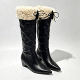 KYLETHOMASW  -  Big Size 42 Vintage y2k Knee‑High Boots Women Shoes Pointed Toe Shearling Fleece Warm Winter Inside Wedge Heel Cowboy Boots
