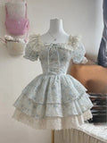KYLETHOMASW  -  Vintage Lace Patchwork Square Collar Print Dress Women Y2k Aesthetic Puff Sleeve Fairy Dresses Kawaii Girl Ruffled Mini Vestidos