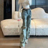 KYLETHOMASW  -  Retro Design Jeans Spliced Furry Women 2024 Autumn Winter New Niche Slim Pocket Straight Trousers