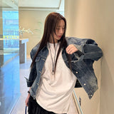 KYLETHOMASW  -  Woman‘s Deep Denim Jacket Solid Color Long Sleeve Coat Retro Loose Coat Casual Style Denim Jacket Daily Fashion Outerwear