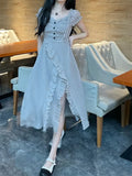 KYLETHOMASW  -  Women Stylish Vintage Ruffle Lace-up Sexy Slit Fairy Midi Dress Casual Sweet Chic Solid Short Sleeve Slim Party Dresses Vestidos