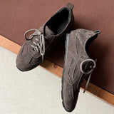 KYLETHOMASW  -  women's natural suede leather round toe lace-up flats oxfords high quality soft comfortable casual female flats shoes