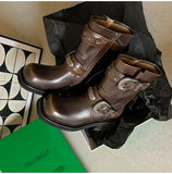 KYLETHOMASW  -  Autumn Winter Metal Belt Buckle Women Motorcycle Boots Fashion Rivet Patent Leather Platform Wedge High heels Chunky Boots Shoes