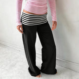 KYLETHOMASW  -  Y2K Fold Over Wide Leg Pants Preppy Women Striped Patchwork Low Waist Trousers Female Casual Lounge Yoga Sweatpants