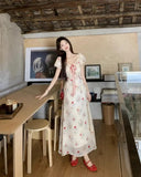 KYLETHOMASW  -  Women's Floral Print Chiffon Maxi Dress Puff Sleeve Square Neck Ruffle Trim Tie Front Long Dress for Summer