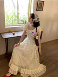 KYLETHOMASW  -  Lace Ruffles Long Dresses Solid Square Neck Spring Summer Princess Dress Women A-line Vintage Sweet Vestidos Mujer