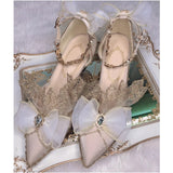 KYLETHOMASW  -  Champagne Lace Bows Crystal Stilettos Sandals Lolita Vintage Bridal Wedding Shoes Pearl Chain Ankle Strap Pumps for Tea Party
