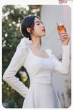 KYLETHOMASW  -  Autumn Long Sleeve Square Collar Sweet and Gentle White Dress for Women Korean Cute Slim Fit Temperament Elegant Long Dress