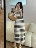 Kylethomasw Summer Casual Striped Knitted Dress Women'S Elegant Slim Square Neck Midi Dresses Korean Vintage Short Sleeve Clothes Robe