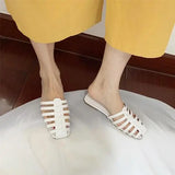 KYLETHOMASW  -  Shoes Slippers Soft Slides Slipers Women Cover Toe Low Loafers Fretwork Heels Comfort 2025 Flat Basic Fabric Rubber Cane PU