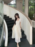 KYLETHOMASW  -  Women Summer Vintage Sweet Chic High Waist Elegant Party Dresses Fairy Solid Short Sleeve Slim Lace-up Beach Maxi Dress Vestidos