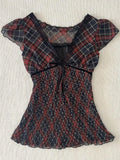 KYLETHOMASW  -  Japanese Vintage Plaid Patchwork T-shirt Women High Street Retro Sleeveless Crop Top New Y2k Harajuku Casual  Punk Clothing