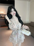 KYLETHOMASW  -  Beautiful Long-sleeved Floral Chiffon V-neck Shirt Dress for Women to Slim Down the Waist