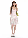 KYLETHOMASW  -  Sweet Pink Floral Print Chiffon Mini Skirt | High Waist Ribbon Tie Ruffle A-Line Skirt | Y2K Kawaii Summer Skirt for Women Lady