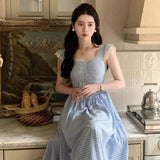 KYLETHOMASW  -  Slim Blue White Checkered Waistband Flying Sleeves Elegant Dress Women Summer New Long Checkered Vestidos