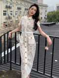 Kylethomasw Runway Summer Hollow Out Water Soluble Lace Dress Women's Short Sleeve Single Breasted Golden Button Belted Embroidery Vestidos