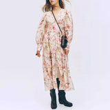 KYLETHOMASW  -  Spring Puff Long Sleeve Party Dresses for Women Robe Vintage Cotton Rayon Floral Print V Neck Dress Front Buckle Up Vestidos