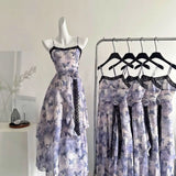 KYLETHOMASW  -  Sweet Butterfly Printed Irregular Rose Waist Slimming Strap Camisole Dress Summer Retro A-line Long Dress for Women
