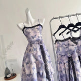 KYLETHOMASW  -  Sweet Butterfly Printed Irregular Rose Waist Slimming Strap Camisole Dress Summer Retro A-line Long Dress for Women
