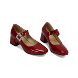 KYLETHOMASW  -  Plus Size 48 Women Patent Leather Mary Jane Shoes Sparkly Crystal Rhinestone Burgundy White Block Heel Pumps Party Shoe