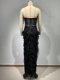Kylethomasw Women Celebrity Sexy Strapless Backless Ruffles Black Maxi Long Bodycon Dress 2024 Elegant Evening Party Club Dress Vestido