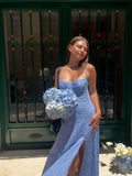 KYLETHOMASW  -  Sexy Spaghetti Straps Corset Style A-line Midi Dresses Women Fashion Hem Slit Blue Summer Dress Night Out Vestidos
