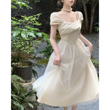 KYLETHOMASW  -  Women Vintage Sweet Mesh Patchwork Elegant Party Dresses Summer Solid Square Collar Short Sleeve Slim Fairy Midi Dress Vestidos