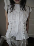 KYLETHOMASW  -  Casual Sweet White Slim Lace T-Shirts Designer Patchwork Hot Girl O-neck Sleeveless Tees Women Vintage Kawaii Fashion Shirt