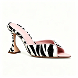 KYLETHOMASW  -  Women Zebra Print Flared Cone Heel Mules Open Toe Backless Slide Sandals Animal Stripes High Heels  Party Summer Fashion Ladies