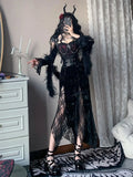 KYLETHOMASW  -  Dark Gothic Lace Splicing Long Sleeve Sexy Dress Summer New Spicy Girl Slimming Wrap Hip Split Long Dress for Women