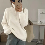 Kylethomasw High Street Loose Casual Thread Long Sleeve Sweater Women 2024 Autumn New Turn Down Collar Zipper Solid Color Cashmere Knit Tops