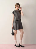 KYLETHOMASW  -  Kawaii Grey Dot Pleat Mini Dress for Women Bow Lace Up Puff Sleeve Birthday Dress Vintage Fashion Cute Girl Summer Dress